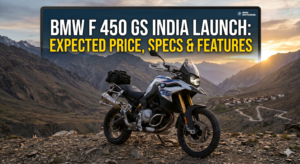 BMW F 450 GS India launch details featuring the new 450cc adventure motorcycle parked on a mountain trail in code hyphen jaipur