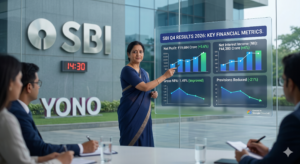 Official presentation screen showing SBI Q4 results 2026, featuring net profit of ₹19,684 crore and improved asset quality metrics.