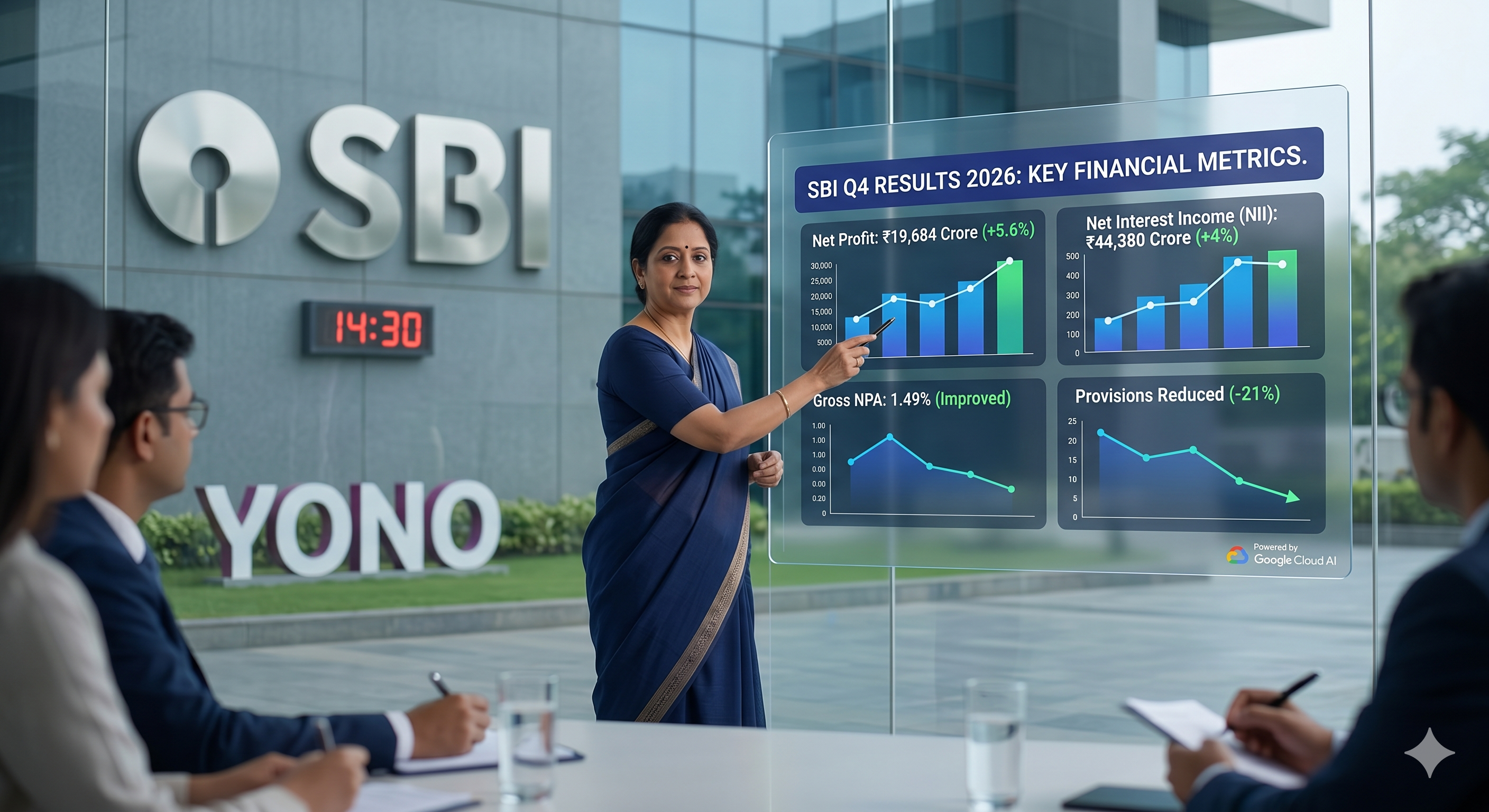 Official presentation screen showing SBI Q4 results 2026, featuring net profit of ₹19,684 crore and improved asset quality metrics.