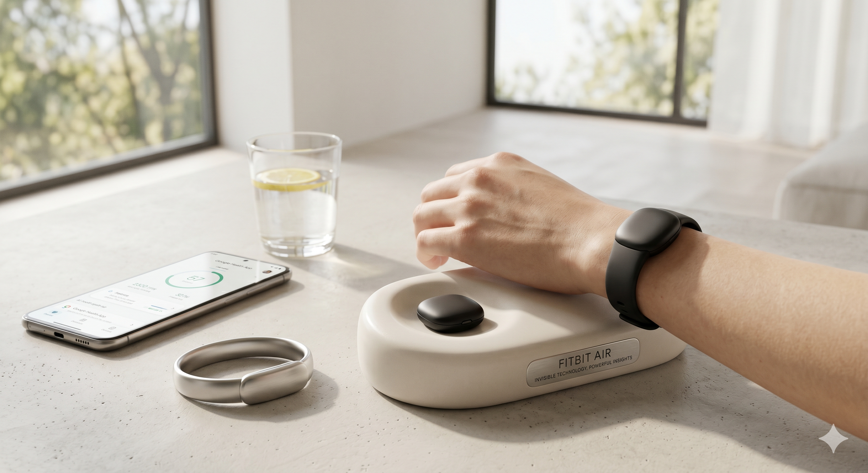 A close-up of the Fitbit Air screenless fitness tracker pebble on a charging dock, with a person wearing the tracker band and the Google Health app visible on a nearby phone.